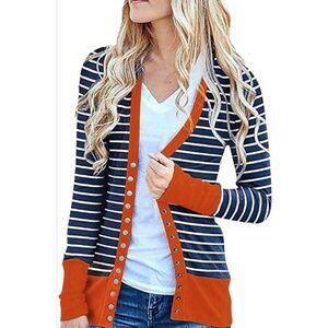 Women's Button Down Knit Casual Orange Blue Striped Cardigan Sweater